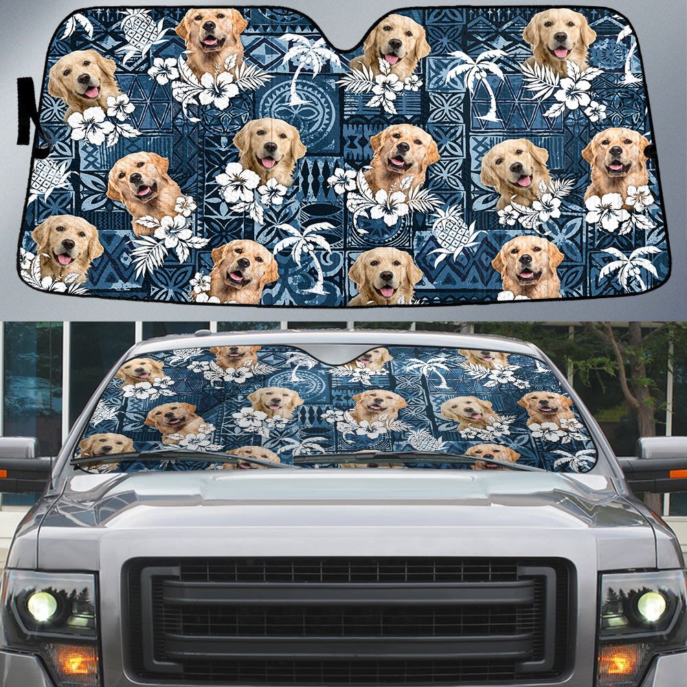 Golden Retriever-Tropical Pattern Coconut Pineapple  Car Sun Shade Cover Auto Windshield