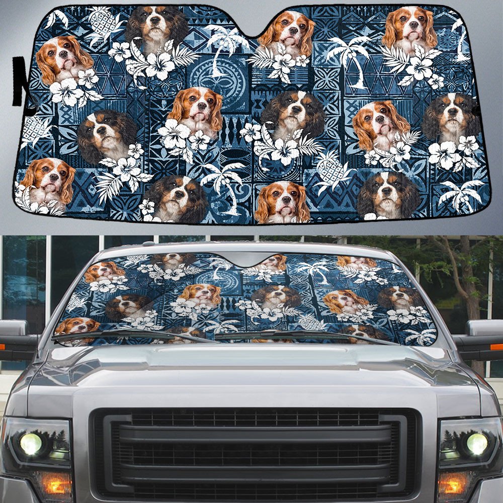 Cavalier King Charles Spaniel-Tropical Pattern Coconut Pineapple  Car Sun Shade Cover Auto Windshield