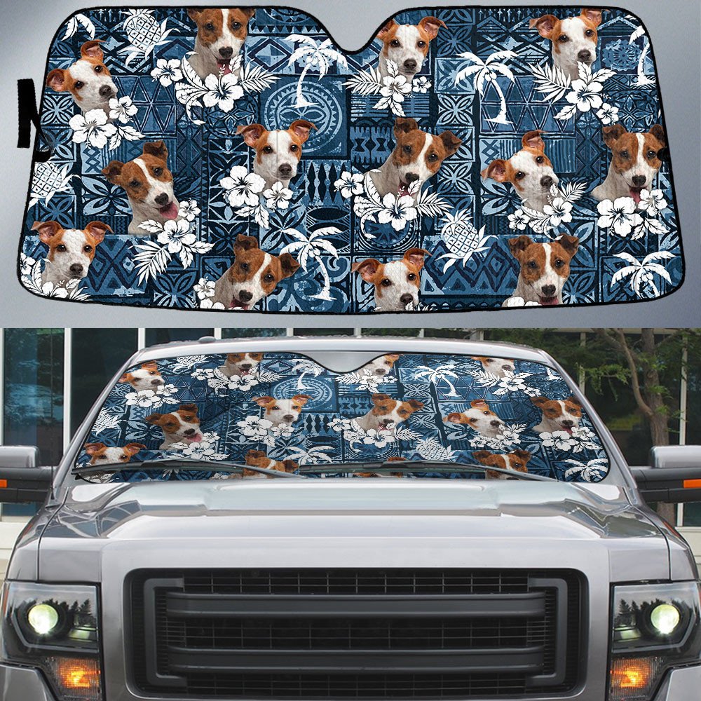 Jack Russell Terrier-Tropical Pattern Coconut Pineapple  Car Sun Shade Cover Auto Windshield