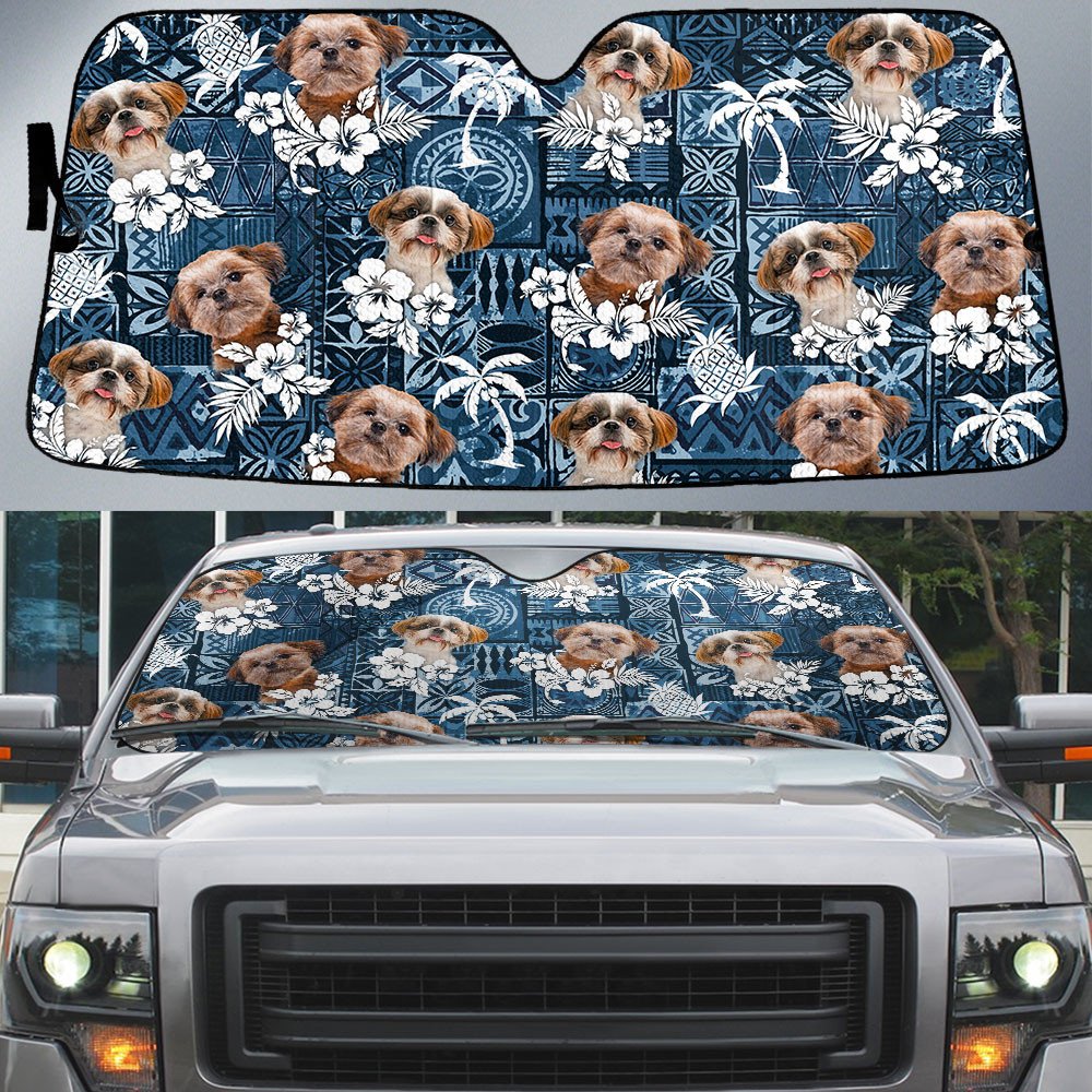 Maltese Shih-Tzu-Tropical Pattern Coconut Pineapple  Car Sun Shade Cover Auto Windshield