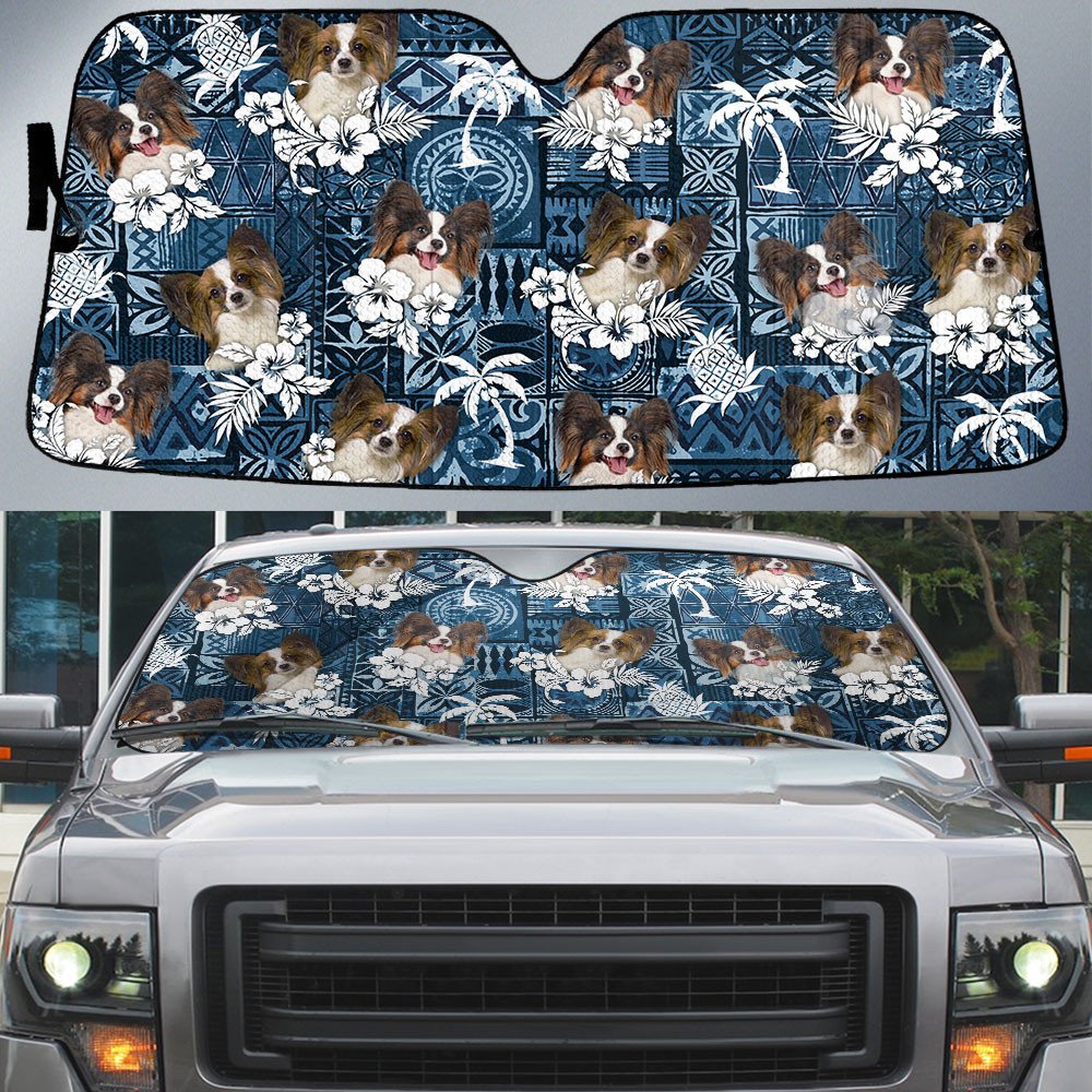 Papillon Dog-Tropical Pattern Coconut Pineapple  Car Sun Shade Cover Auto Windshield