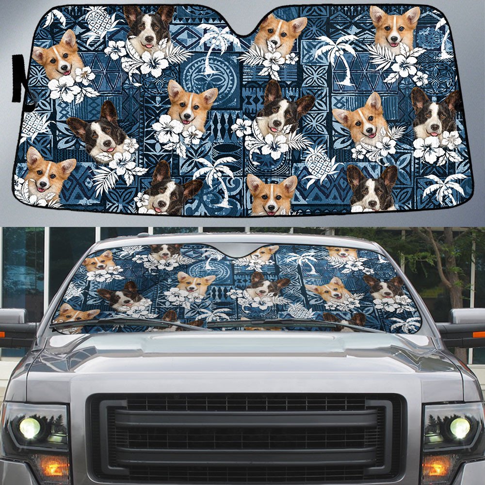 Pembroke Welsh Corgi-Tropical Pattern Coconut Pineapple  Car Sun Shade Cover Auto Windshield