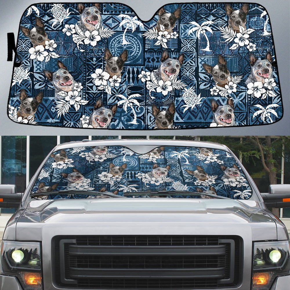 Australian Cattle Dog-Tropical Pattern Coconut Pineapple  Car Sun Shade Cover Auto Windshield