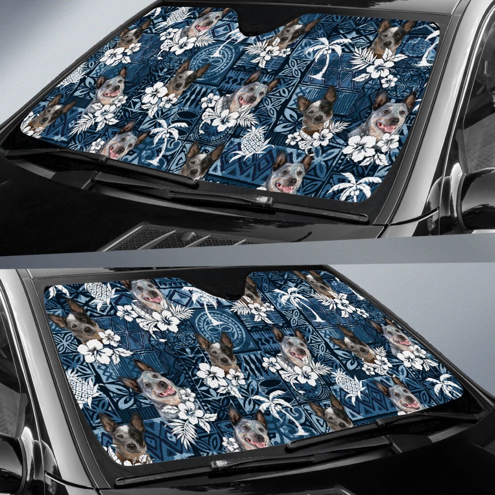 Australian Cattle Dog-Tropical Pattern Coconut Pineapple  Car Sun Shade Cover Auto Windshield