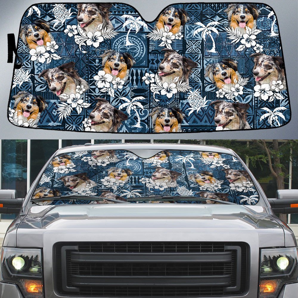 Australian Shepherd-Tropical Pattern Coconut Pineapple  Car Sun Shade Cover Auto Windshield
