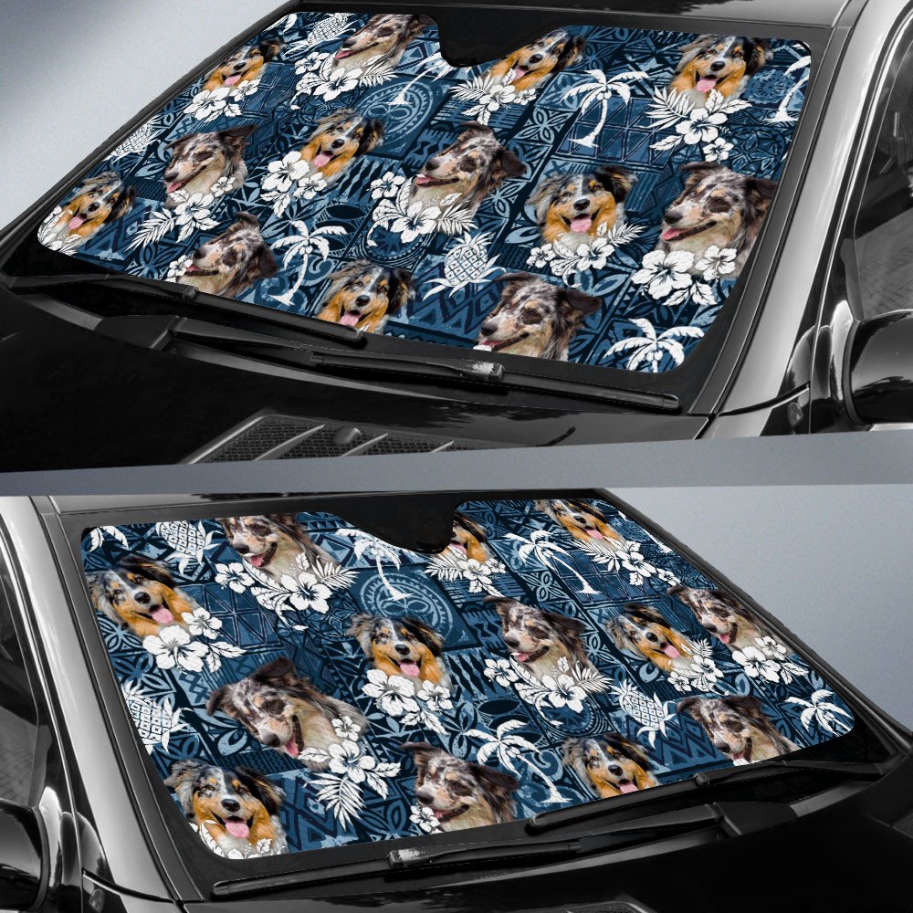 Australian Shepherd-Tropical Pattern Coconut Pineapple  Car Sun Shade Cover Auto Windshield