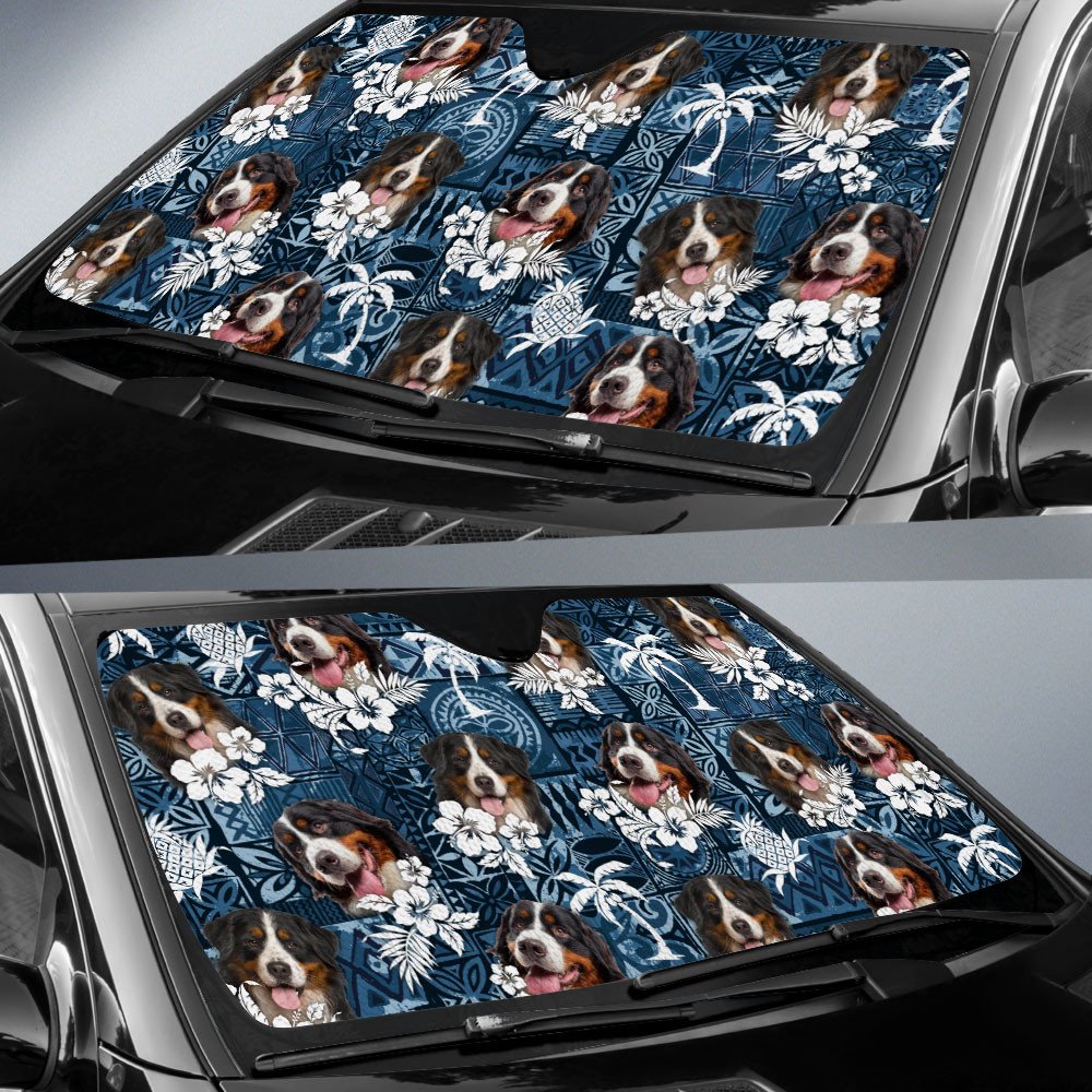 Bernese Mountain Dog-Tropical Pattern Coconut Pineapple  Car Sun Shade Cover Auto Windshield