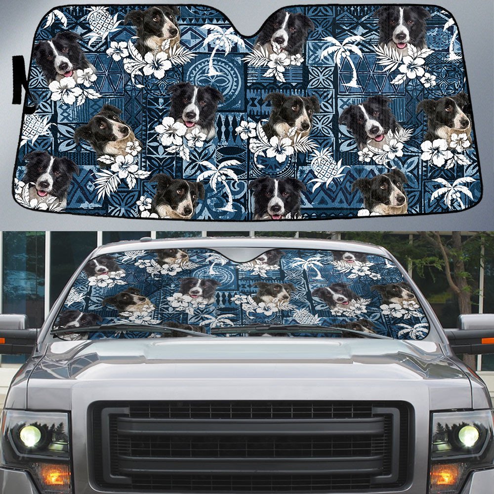 Border Collie-Tropical Pattern Coconut Pineapple  Car Sun Shade Cover Auto Windshield