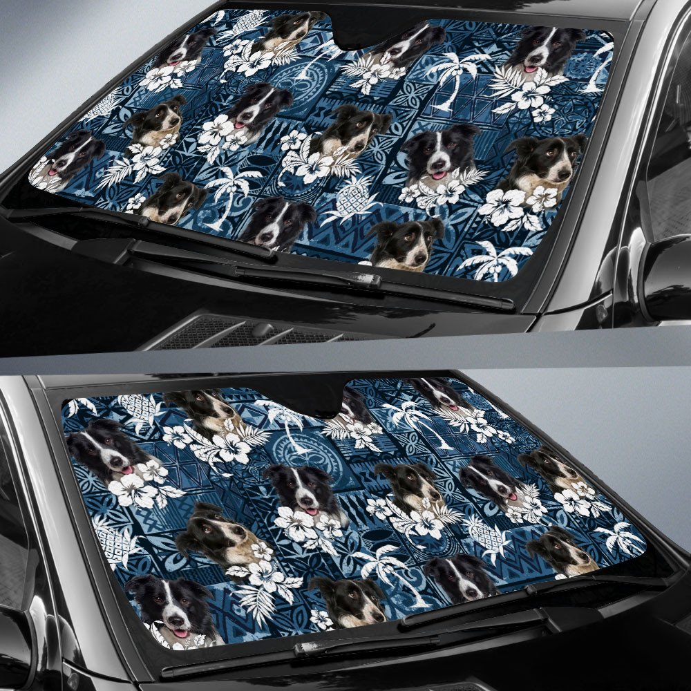 Border Collie-Tropical Pattern Coconut Pineapple  Car Sun Shade Cover Auto Windshield