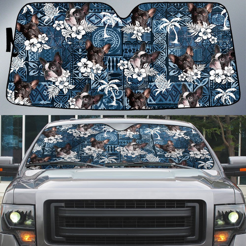 Boston Terrier-Tropical Pattern Coconut Pineapple  Car Sun Shade Cover Auto Windshield