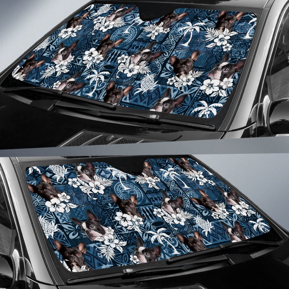 Boston Terrier-Tropical Pattern Coconut Pineapple  Car Sun Shade Cover Auto Windshield