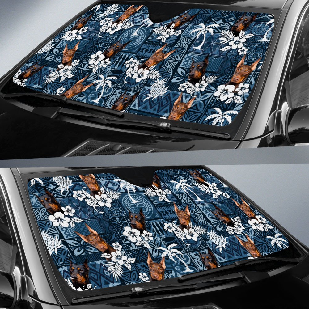 Doberman Pinscher-Tropical Pattern Coconut Pineapple  Car Sun Shade Cover Auto Windshield