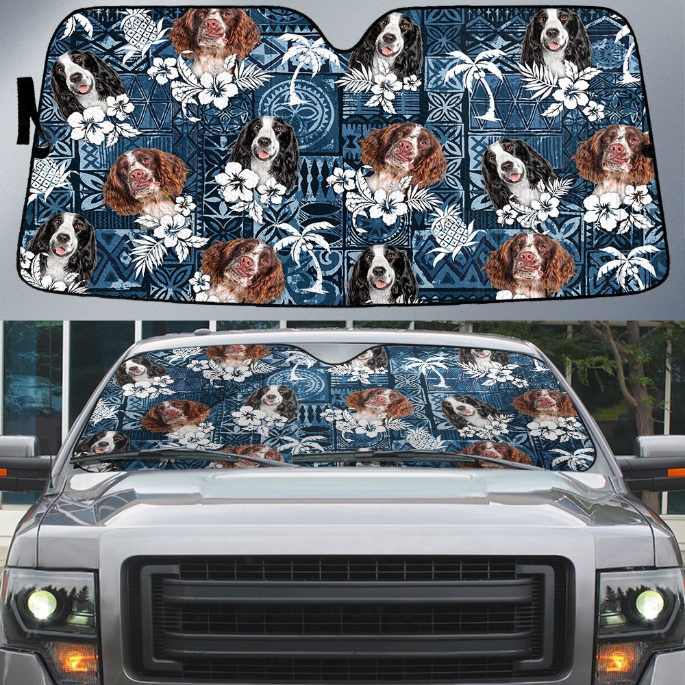 English Springer Spaniel-Tropical Pattern Coconut Pineapple  Car Sun Shade Cover Auto Windshield