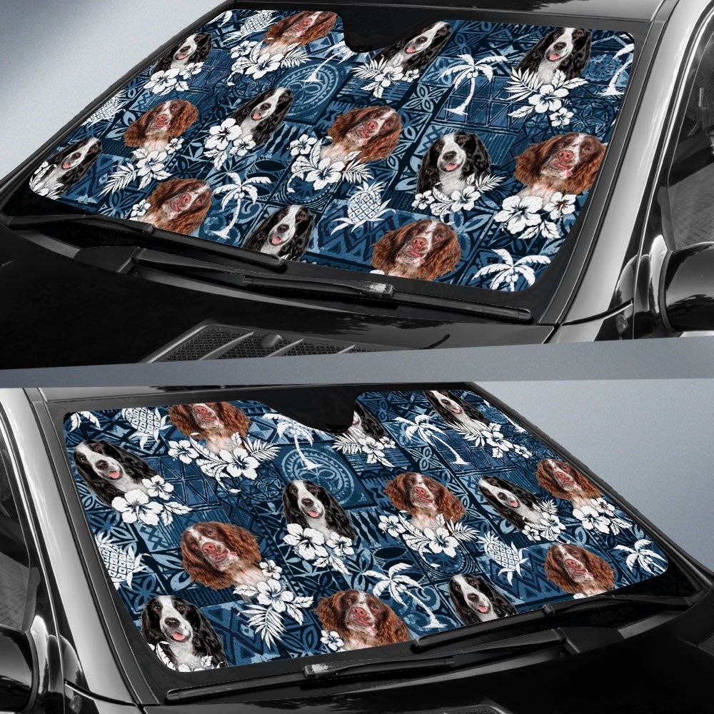 English Springer Spaniel-Tropical Pattern Coconut Pineapple  Car Sun Shade Cover Auto Windshield