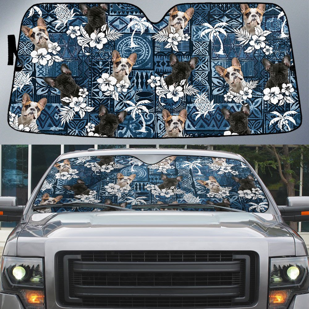 French Bulldog-Tropical Pattern Coconut Pineapple  Car Sun Shade Cover Auto Windshield