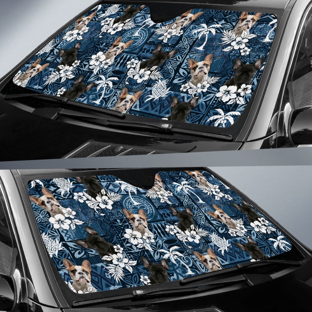 French Bulldog-Tropical Pattern Coconut Pineapple  Car Sun Shade Cover Auto Windshield