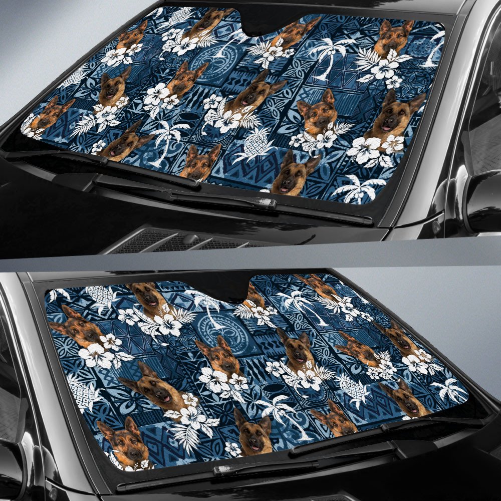 German Shepherd Dog-Tropical Pattern Coconut Pineapple  Car Sun Shade Cover Auto Windshield