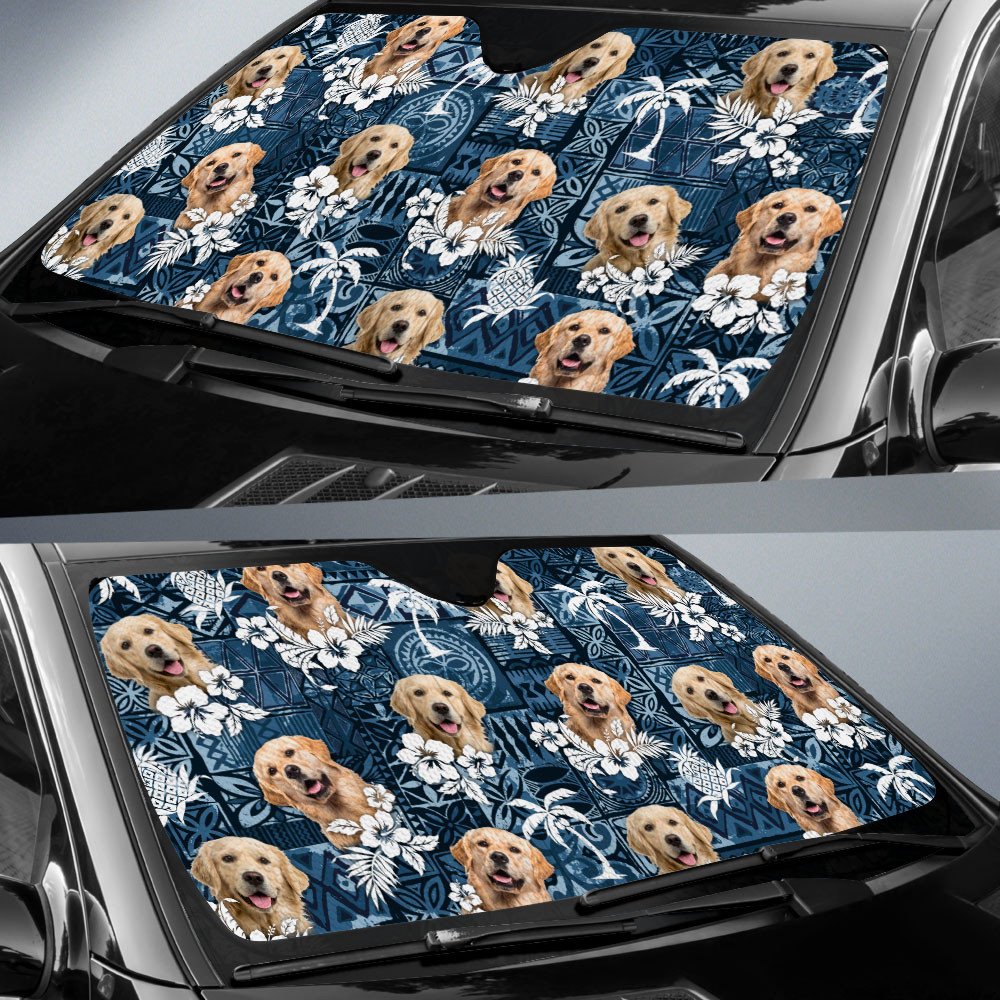 Golden Retriever-Tropical Pattern Coconut Pineapple  Car Sun Shade Cover Auto Windshield