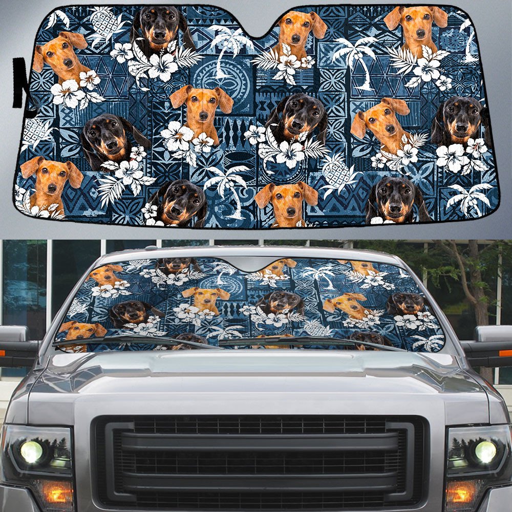 Dachshund-Tropical Pattern Coconut Pineapple  Car Sun Shade Cover Auto Windshield