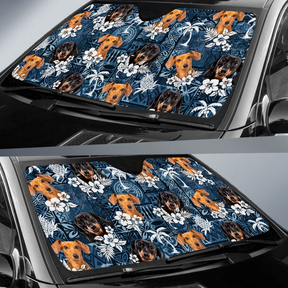 Dachshund-Tropical Pattern Coconut Pineapple  Car Sun Shade Cover Auto Windshield