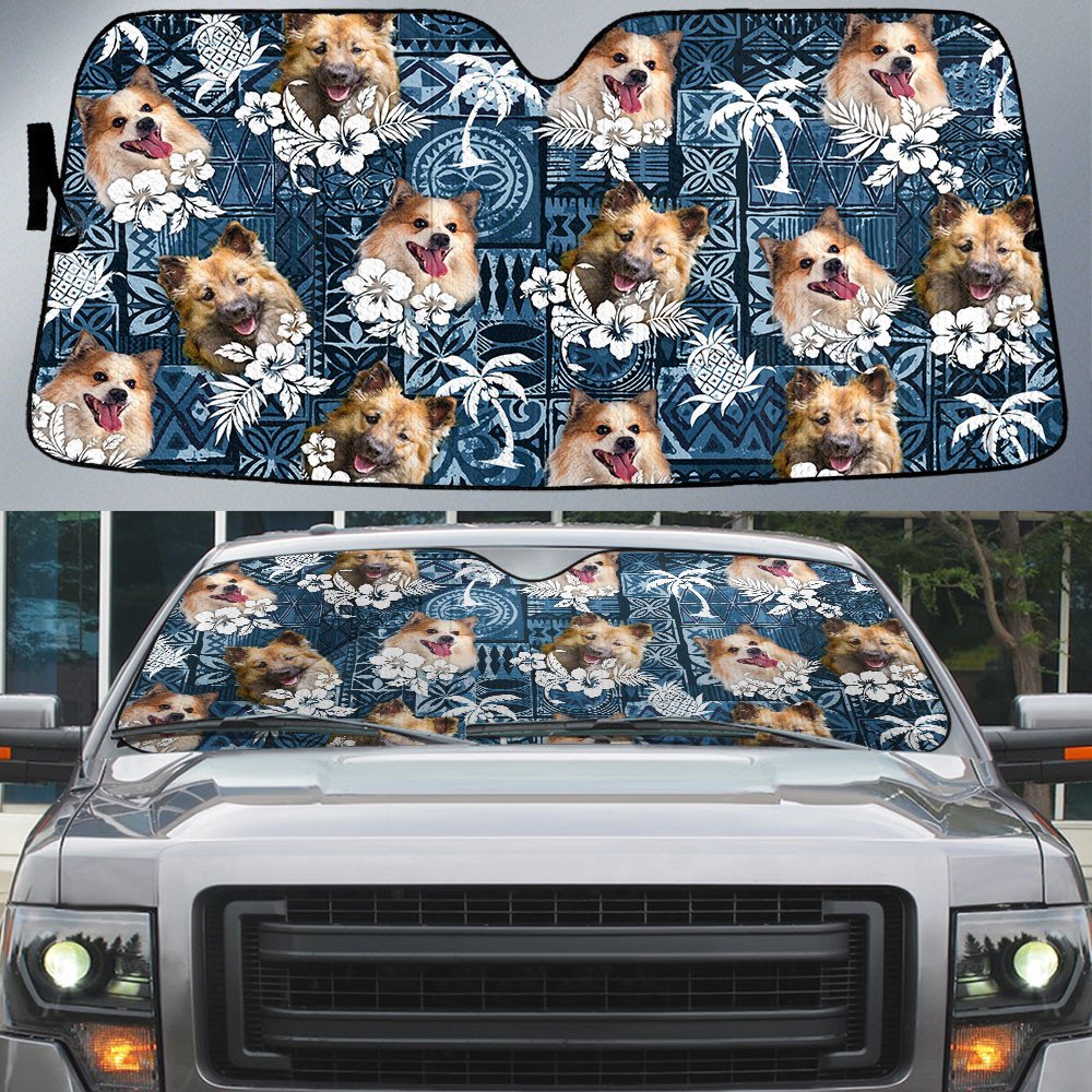 Icelandic Sheepdog-Tropical Pattern Coconut Pineapple  Car Sun Shade Cover Auto Windshield