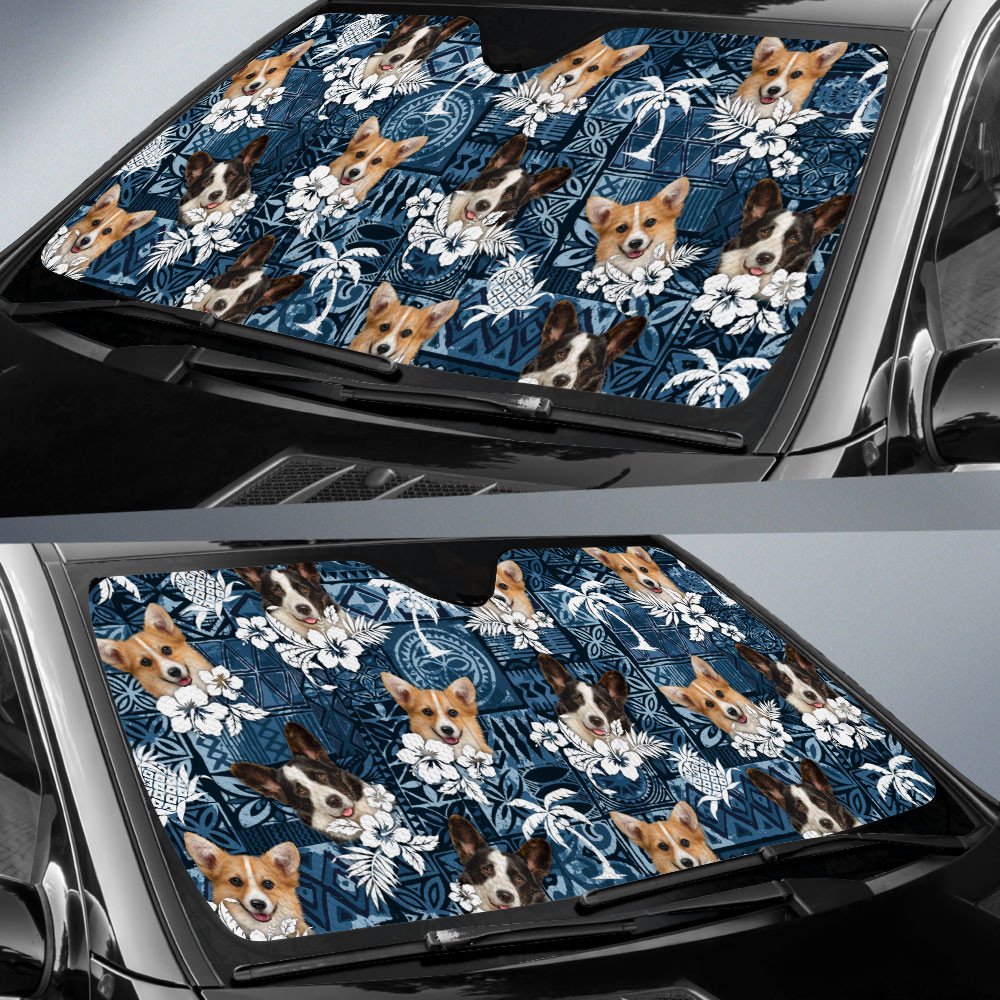 Pembroke Welsh Corgi-Tropical Pattern Coconut Pineapple  Car Sun Shade Cover Auto Windshield