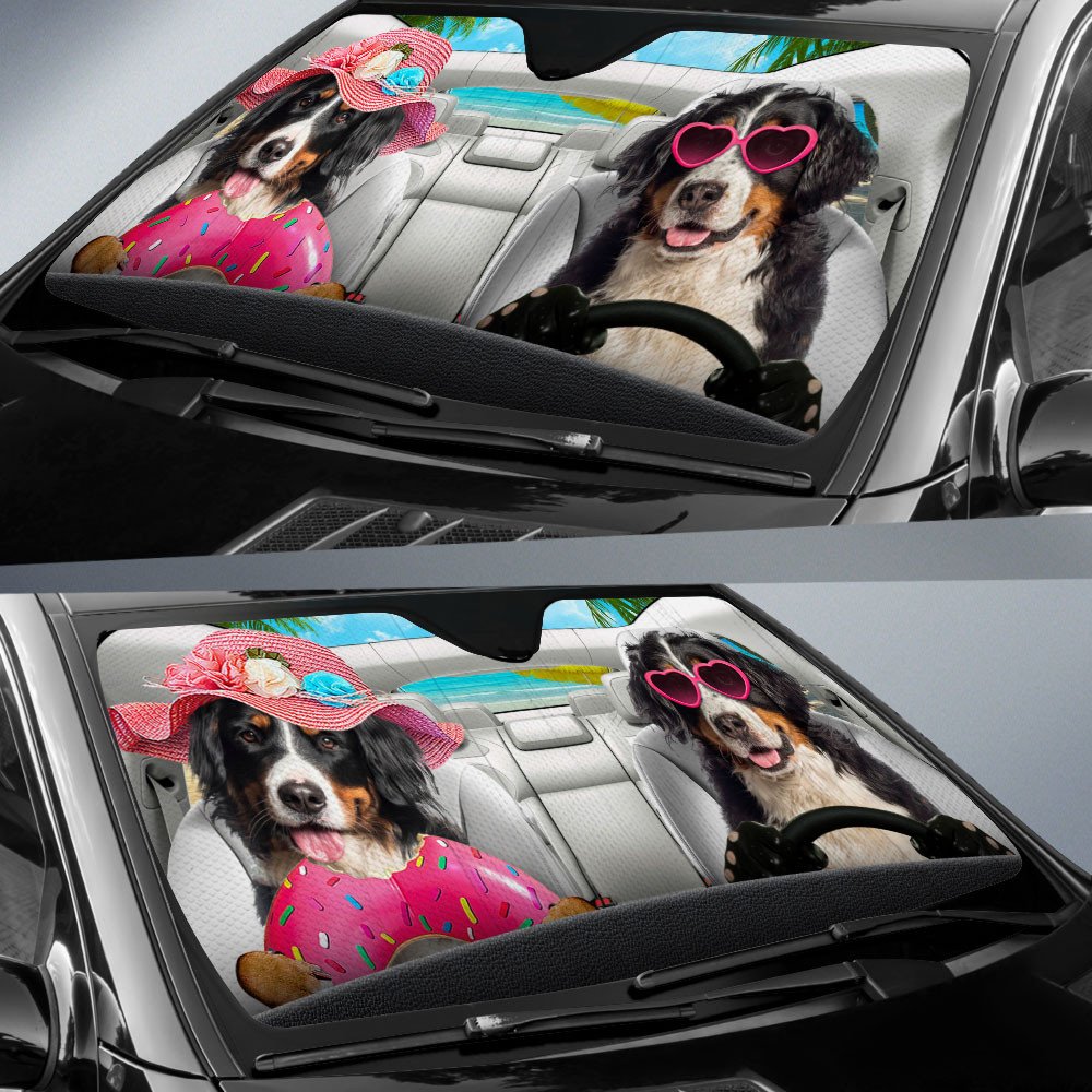 Bernese Mountain Dog-Dog Summer Vacation Couple Car Sun Shade Cover Auto Windshield
