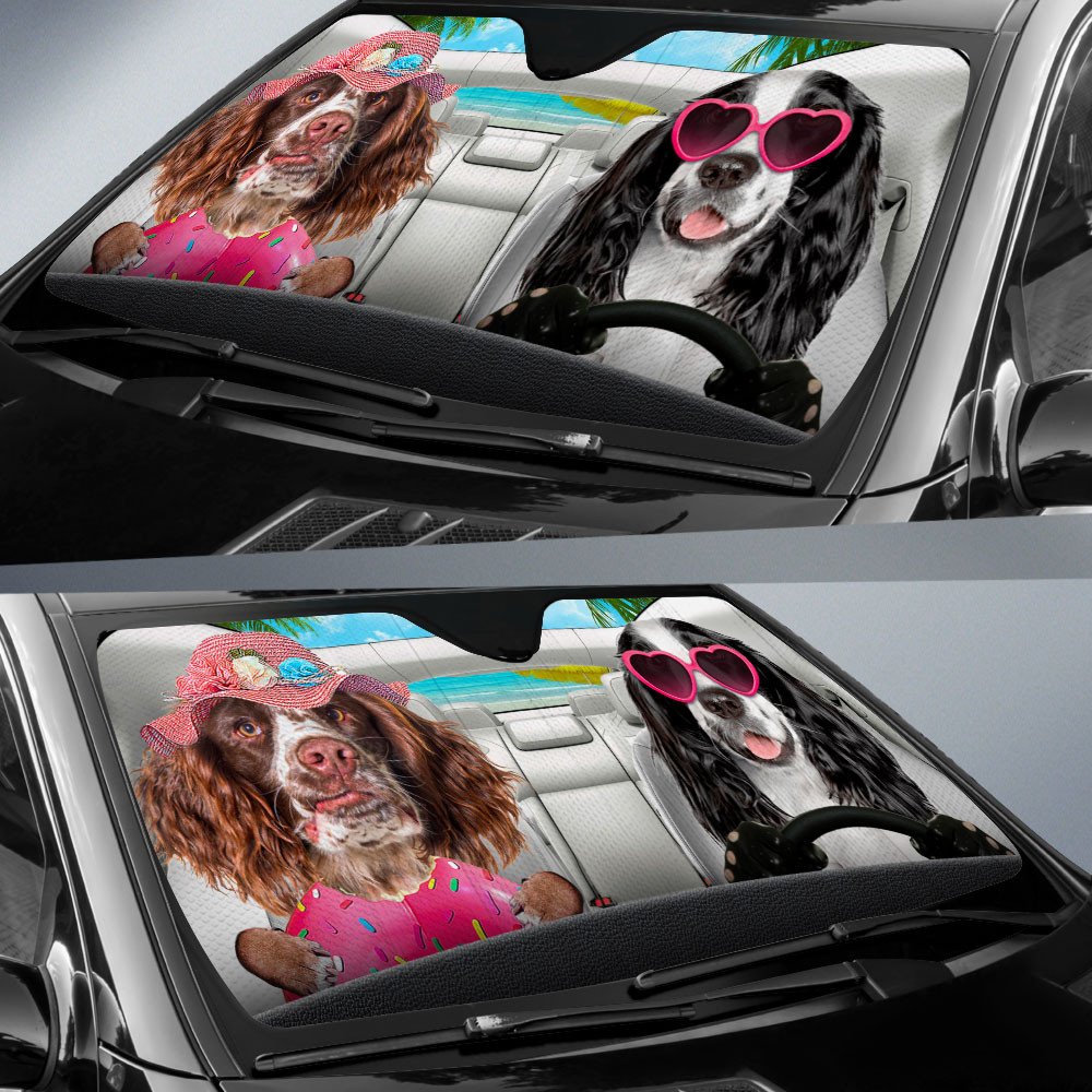 English Springer Spaniel-Dog Summer Vacation Couple Car Sun Shade Cover Auto Windshield