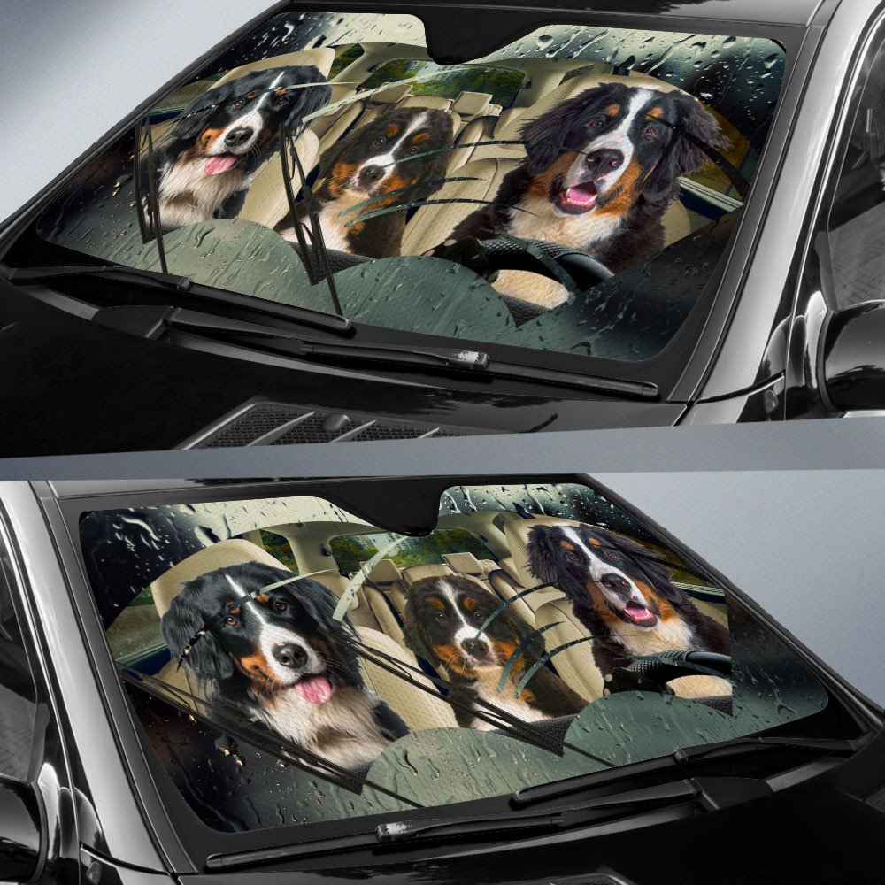 Bernese Mountain Dog-Rainy Driving Car Sun Shade Cover Auto Windshield