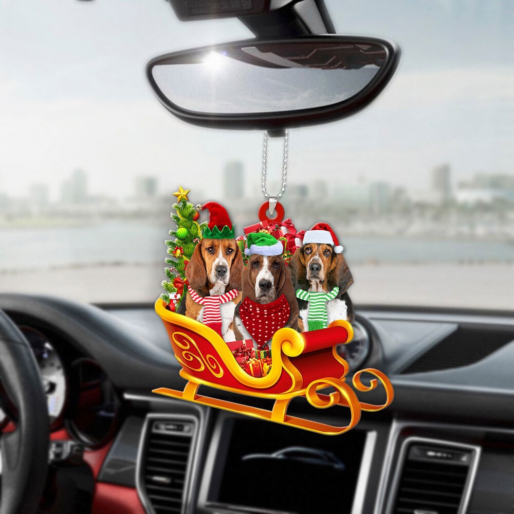 Basset Hound-Dog Christmas Sleigh Car-Two Sided Ornament