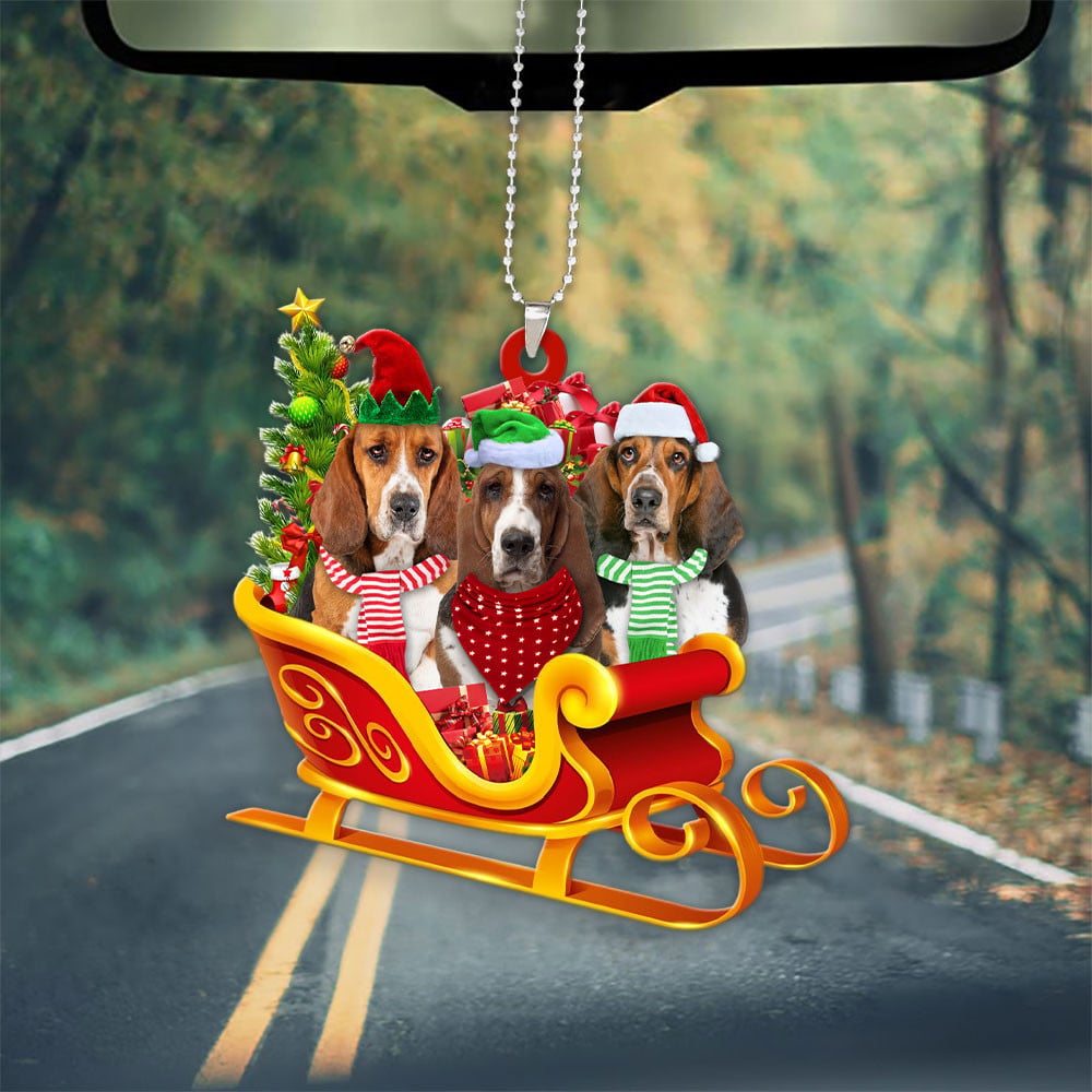 Basset Hound-Dog Christmas Sleigh Car-Two Sided Ornament