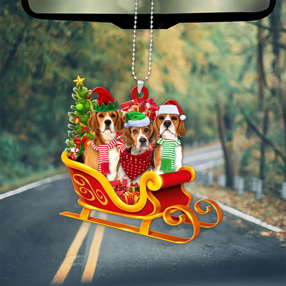 Beagle-Dog Christmas Sleigh Car-Two Sided Ornament