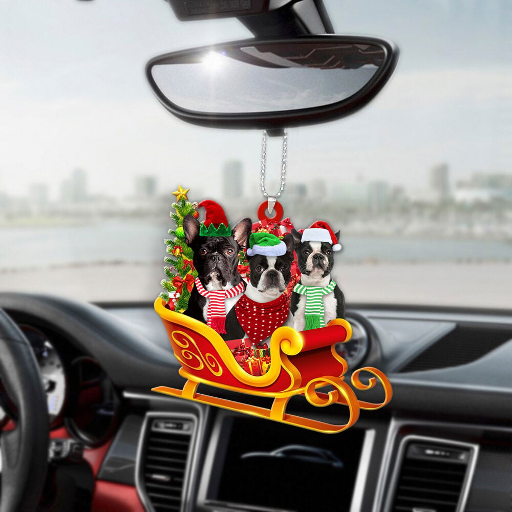 Boston Terrier-Dog Christmas Sleigh Car-Two Sided Ornament