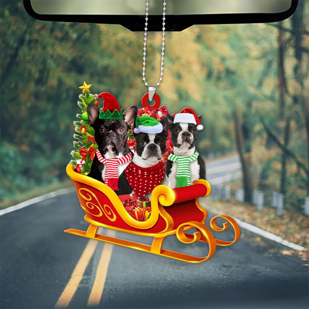 Boston Terrier-Dog Christmas Sleigh Car-Two Sided Ornament