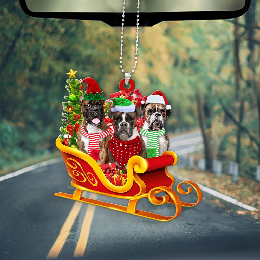 Boxer-Dog Christmas Sleigh Car-Two Sided Ornament