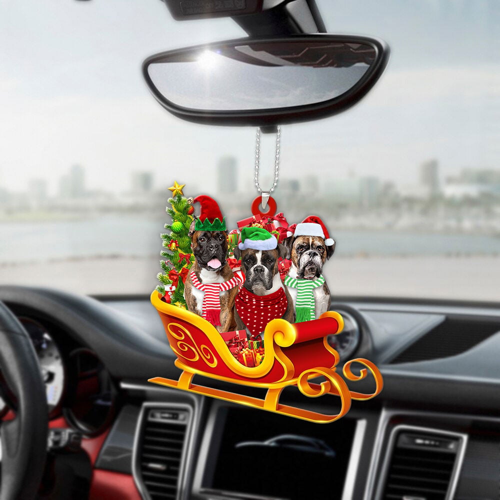 Boxer-Dog Christmas Sleigh Car-Two Sided Ornament