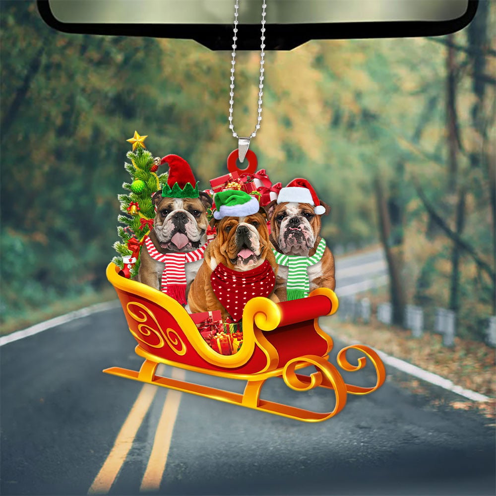 Bulldog-Dog Christmas Sleigh Car-Two Sided Ornament