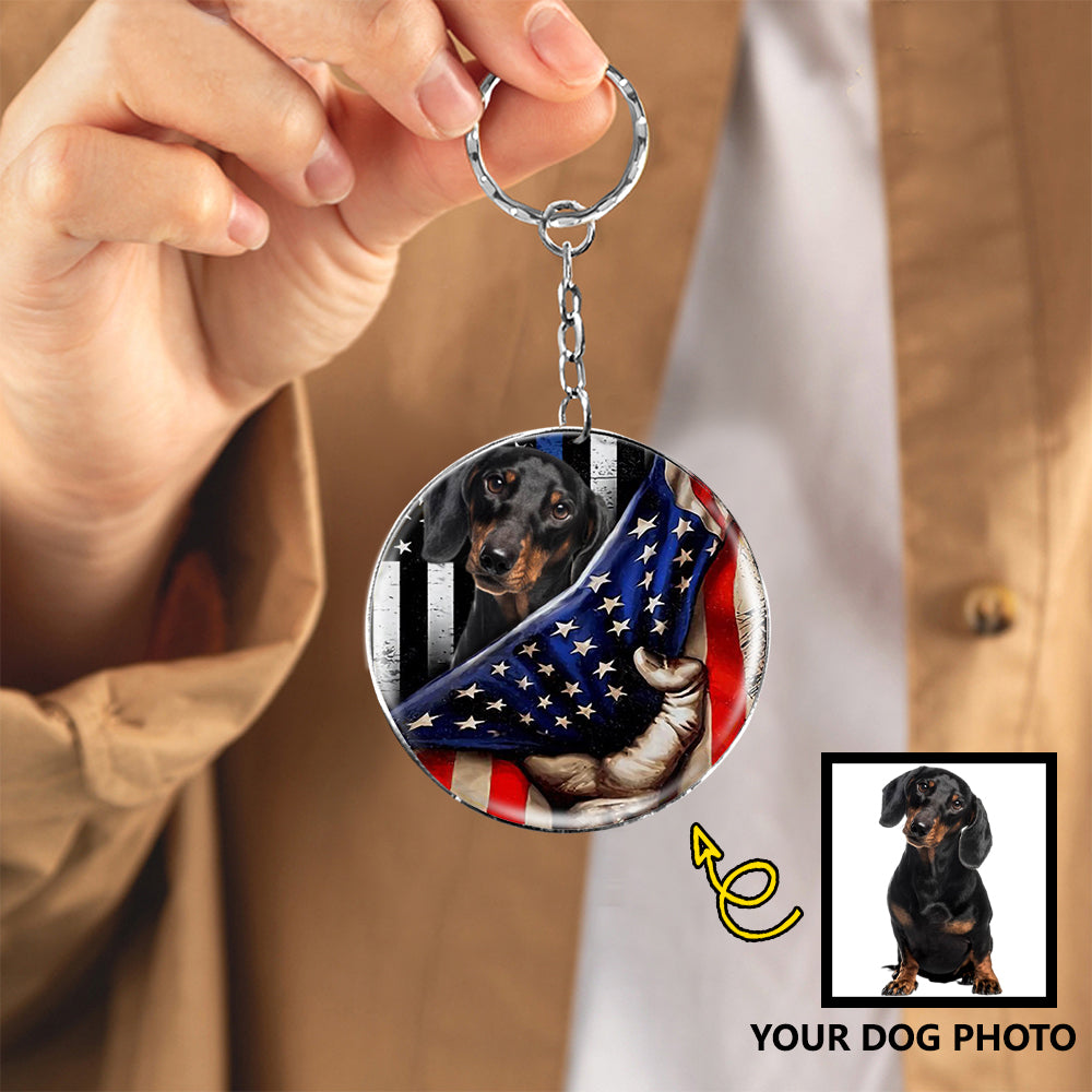 Personalized Dog Inside American Flag Independence Day Round Resin Epoxy Metal Keychain