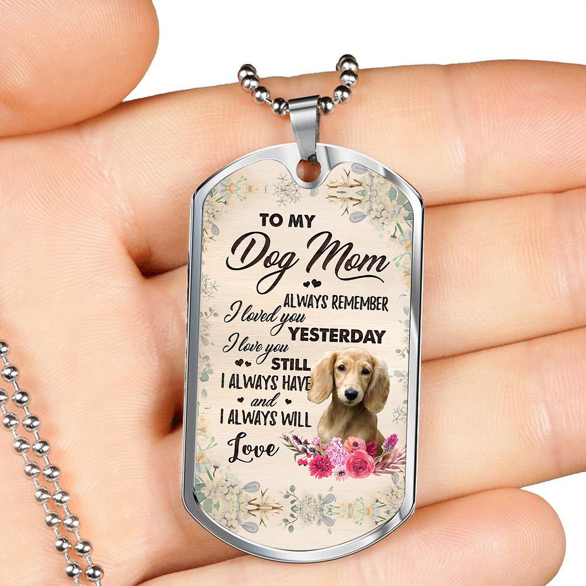 Dog Mom-CREAM Long Haired Dachshund-Luxury Necklace