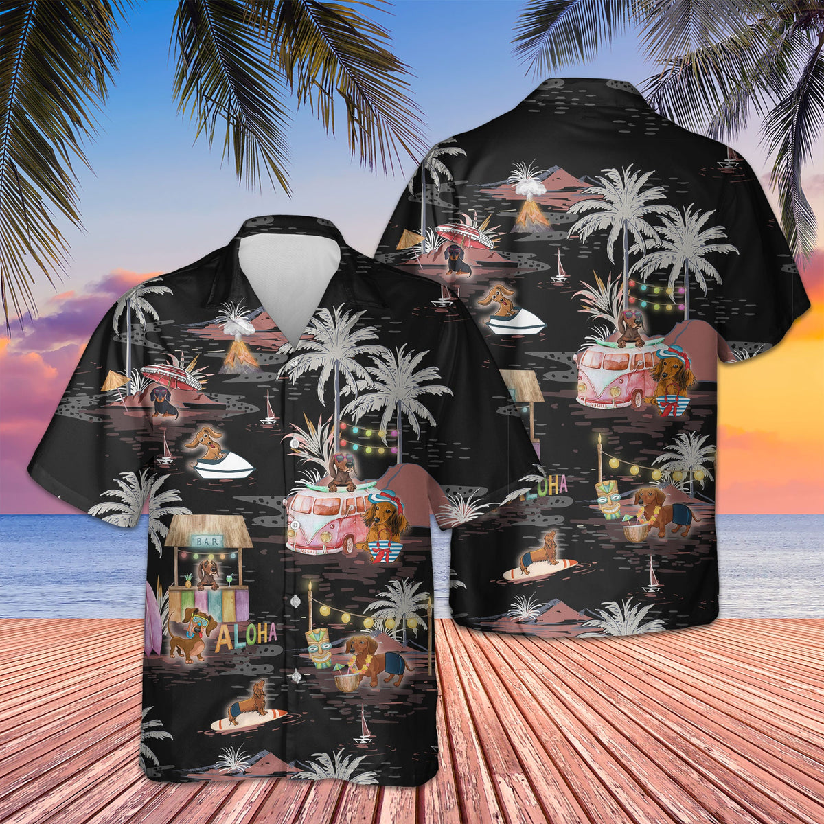 Dachshund Night On The Beach Hawaiian Shirt