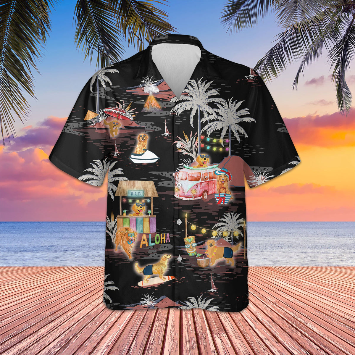 Golden Retriever Night On The Beach Hawaiian Shirt