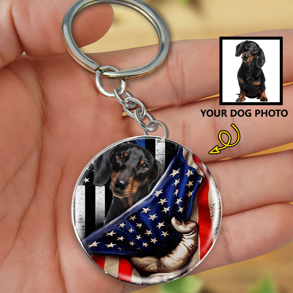 Personalized Dog Inside American Flag Independence Day Round Resin Epoxy Metal Keychain