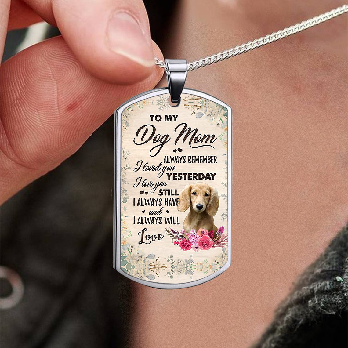 Dog Mom-CREAM Long Haired Dachshund-Luxury Necklace