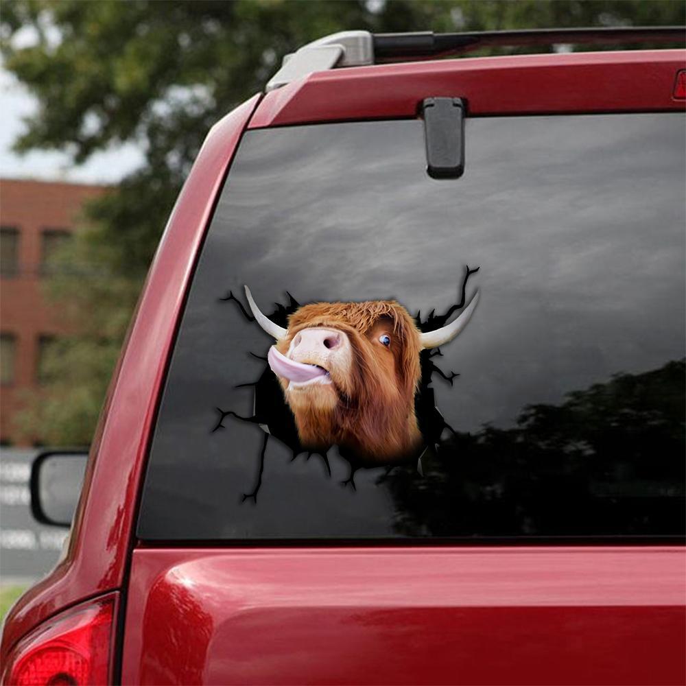 Funny HIghland Cattle Cow Crack Car Sticker 1