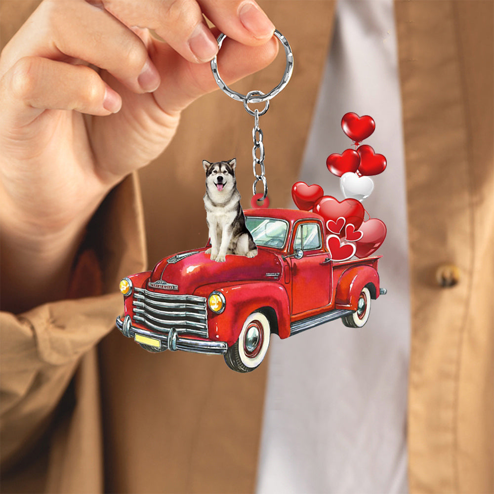 Alaskan Malamute-Red Sports Car flat Acrylic Keychain