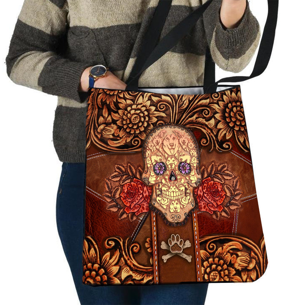 Alaskan Malamute Skull Flower Cloth Tote Bag