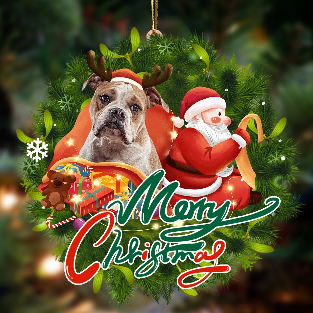 American Bulldog-Santa & dog Hanging Ornament