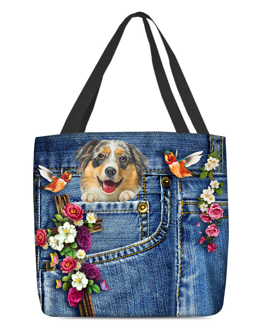Australian Shepherd1-Cardinal &amp; Cross Flower Cloth Tote Bag