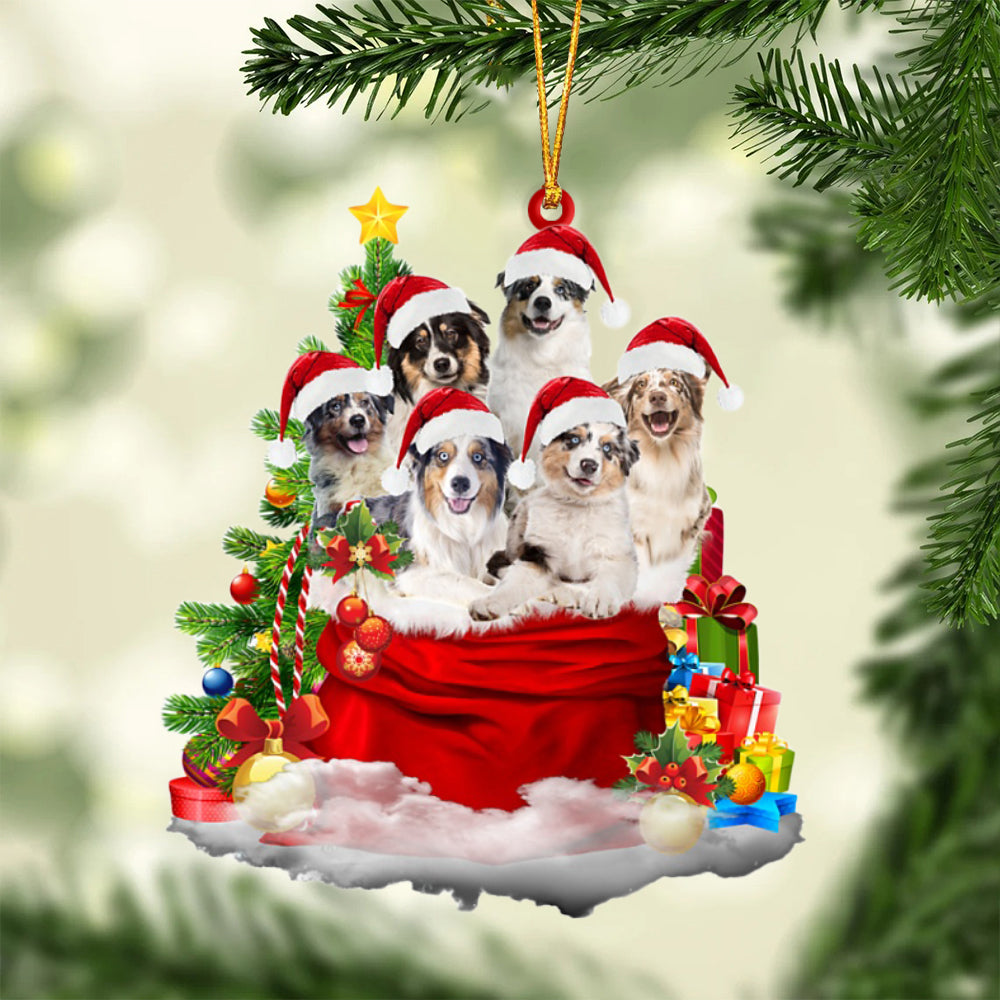 Australian Shepherd-Christmas Bag&amp;Dogs-Two Sided Ornament