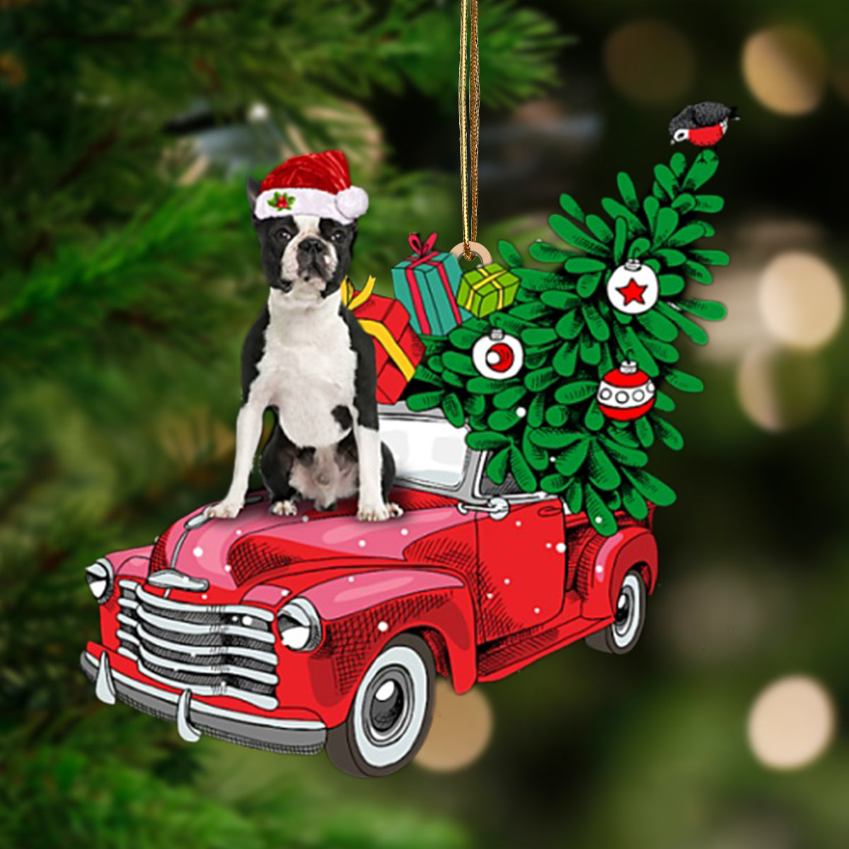 BLACK Boston Terrier-Pine Truck Hanging Ornament